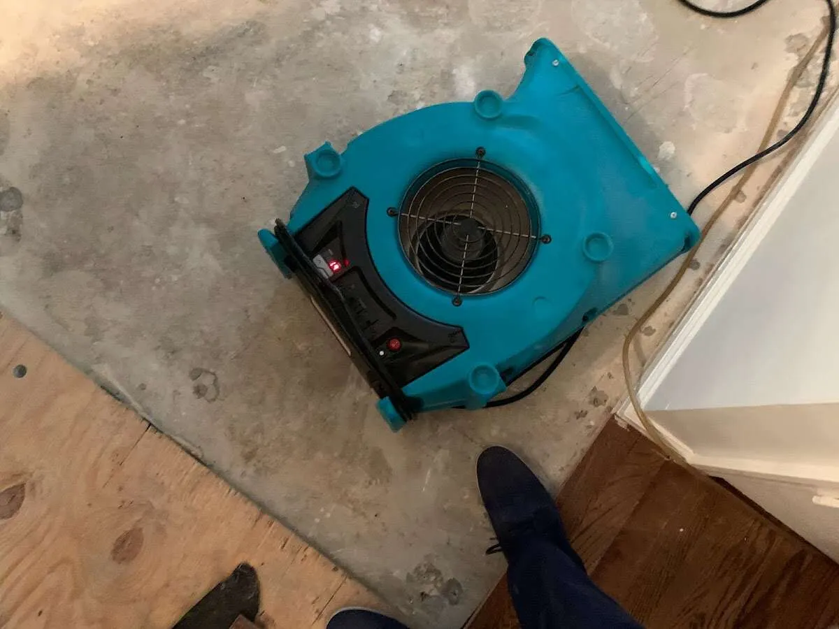 Air mover drying subfloor during Commercial Water Damage Restoration in Fountainebleau